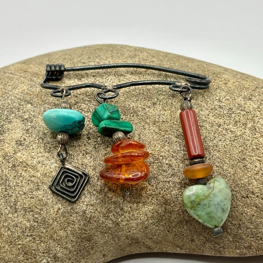 80s Vintage Pin with Turquoise, Aventurine, Citrine and Jade